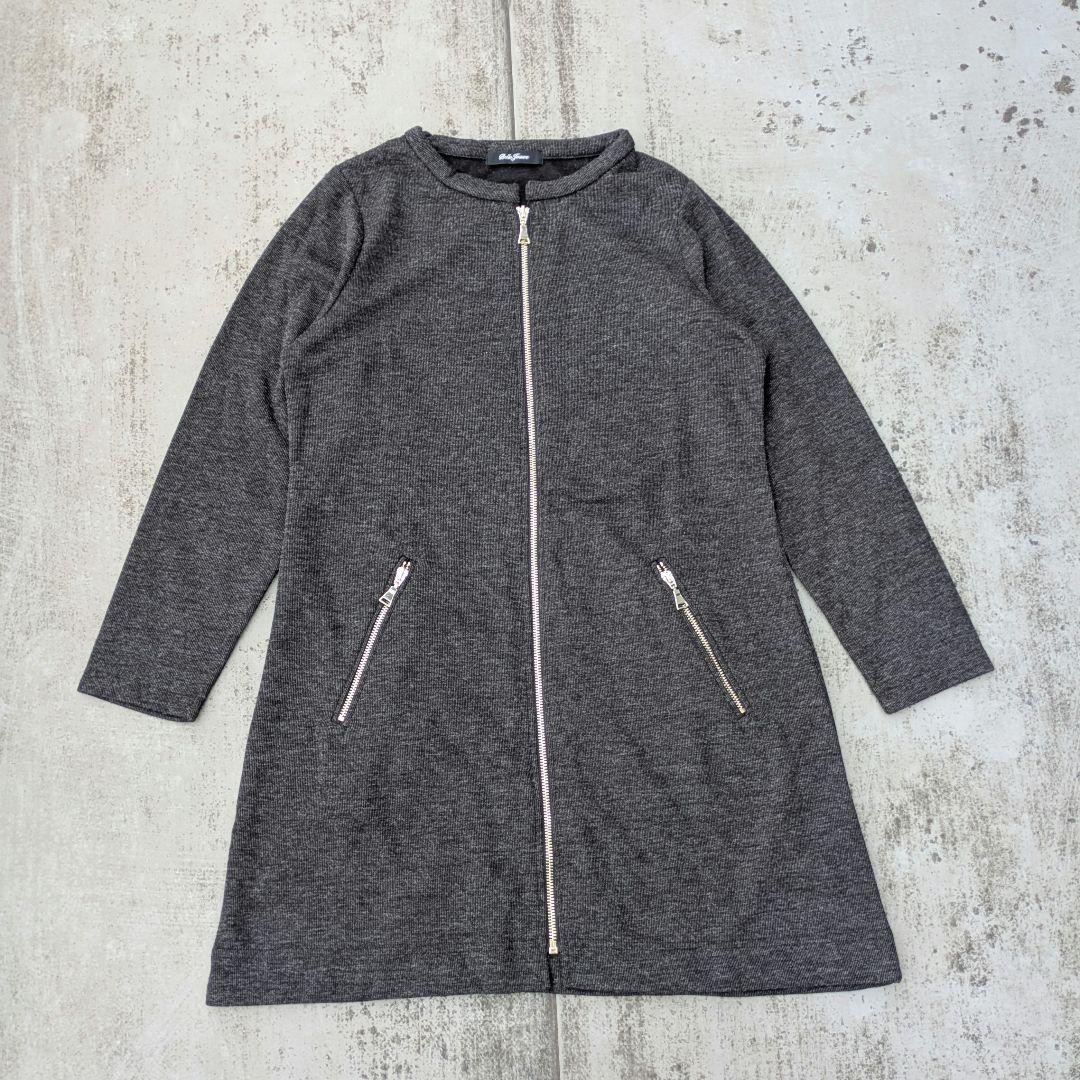 レディース ノーカラー ジップアップ チュニック ジャケット グレー