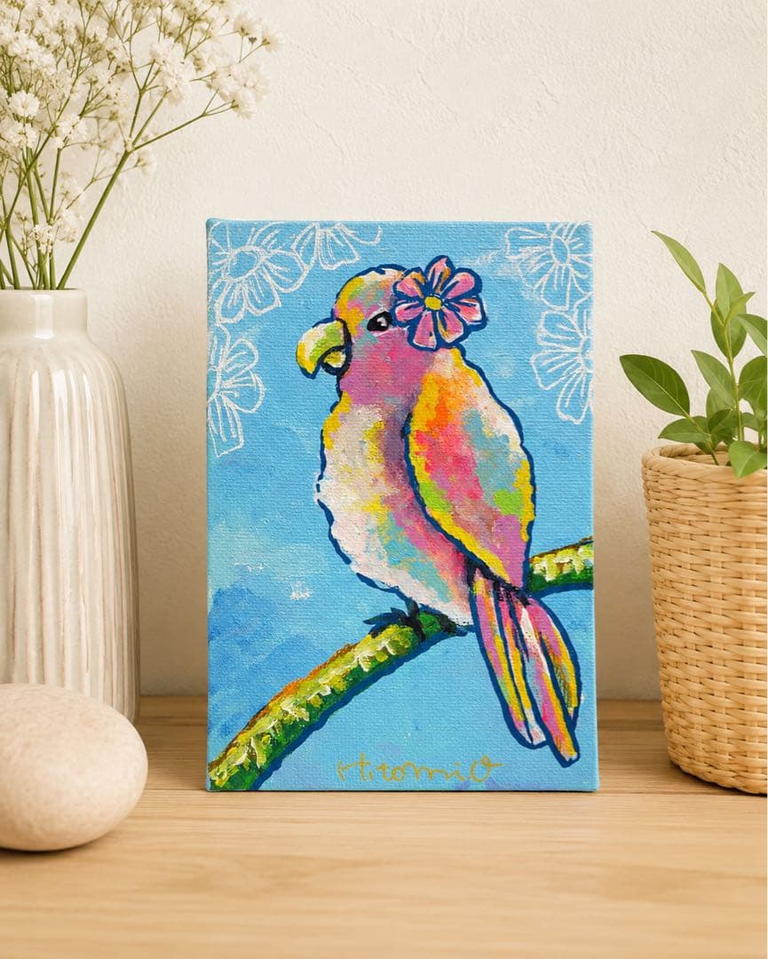 カラフルな鳥の原画　キャンバスパネル　ポストカードサイズ　絵画　現代アート