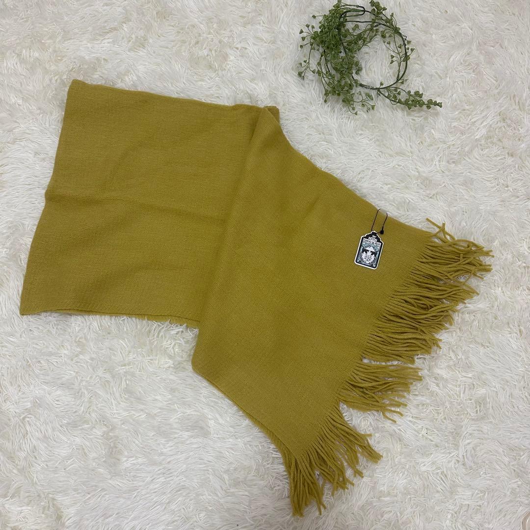 くすみイエロー 大判フリンジマフラー/ストール マスタード 無地 ユニセックス
