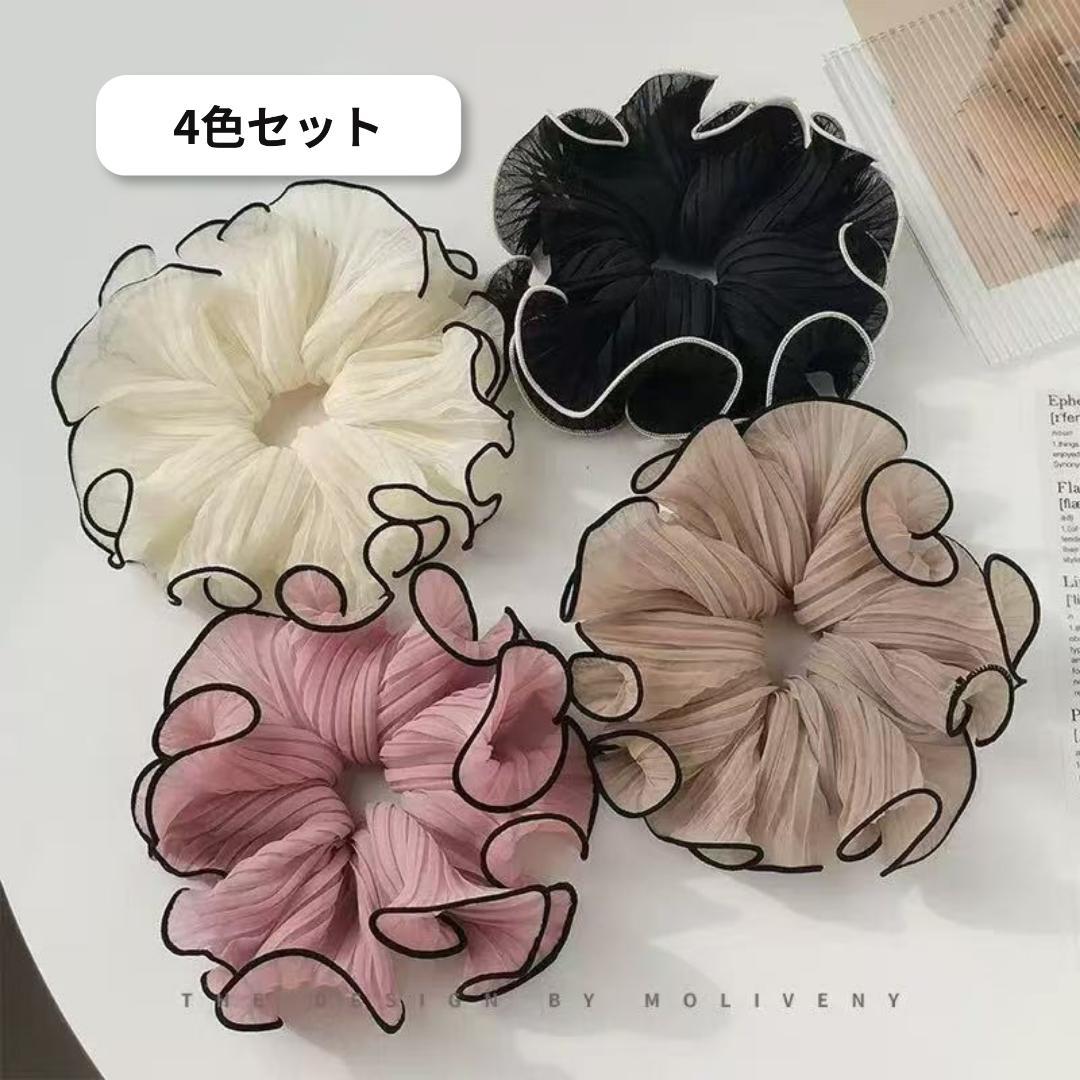 【4点セット】配色メロウ シアーシュシュ 韓国風 ヘアゴム ボリュームシュシュ