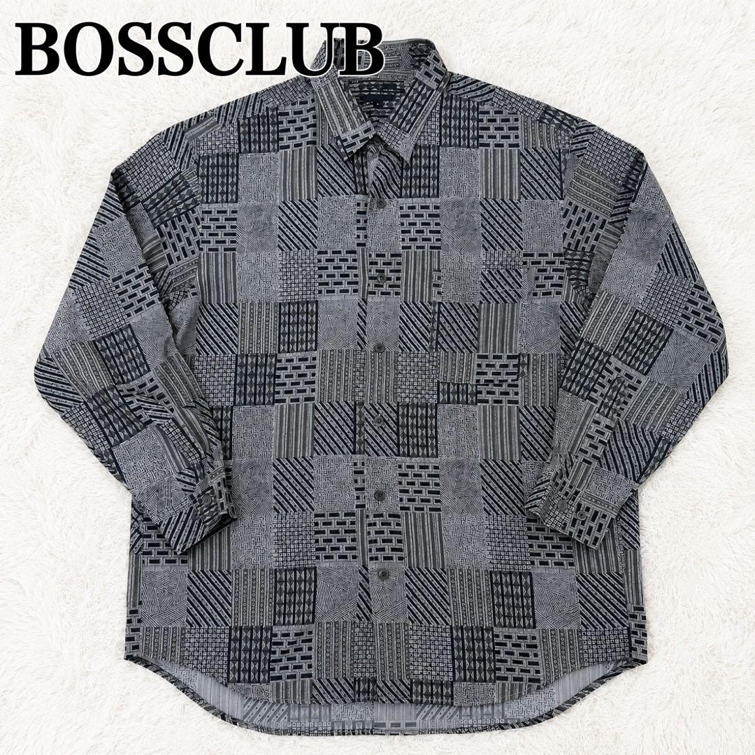 BOSSCLUB シルク100％ 総柄 長袖シャツ Lサイズ レトロヴィンテージ