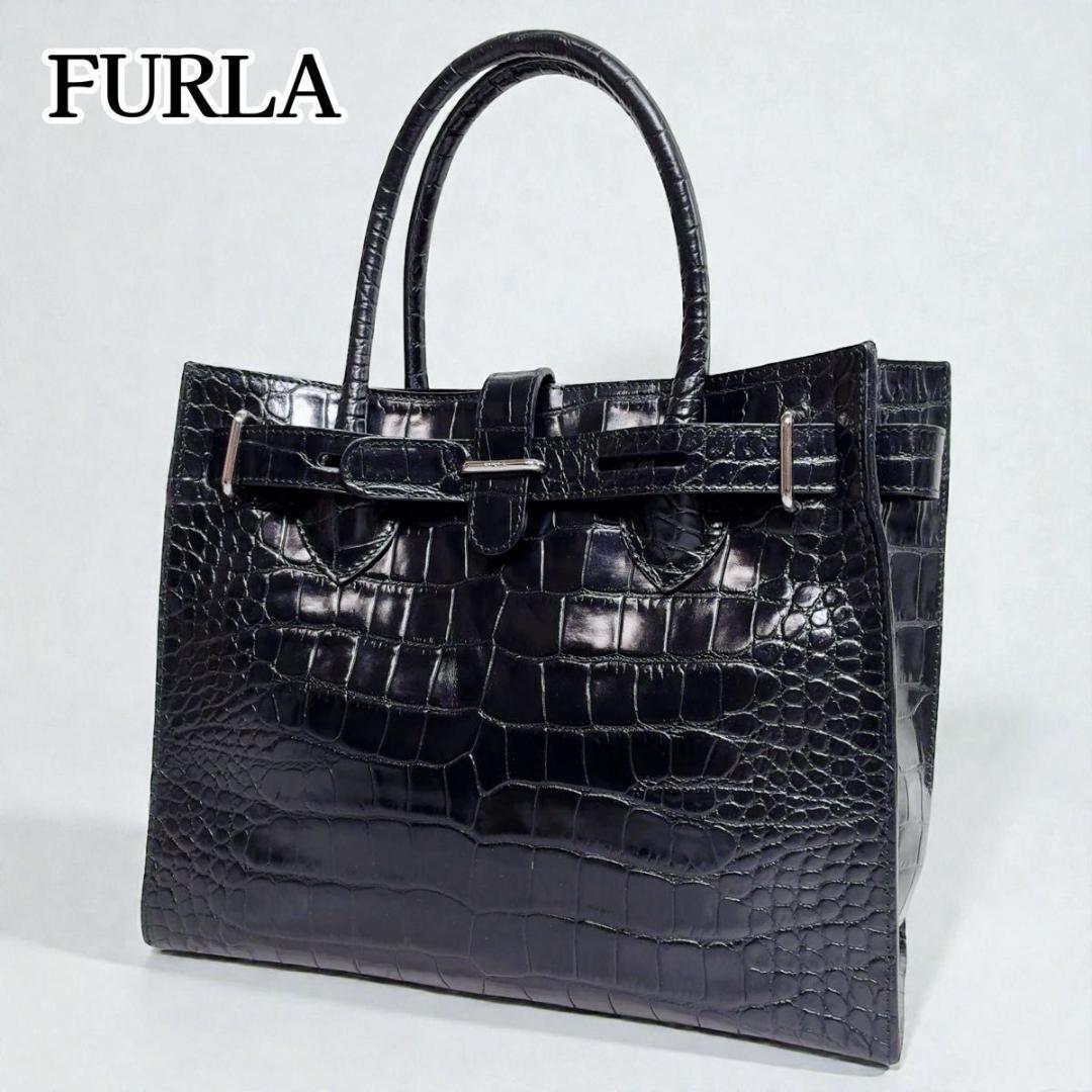 美品✨ FURLAハンドバッグ クロコ型押し 自立型 黒 フォーマル レザー