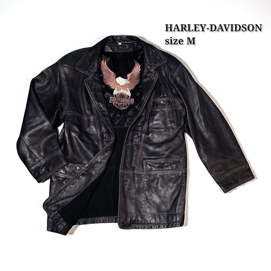 HARLEY-DAVIDSON ブラック レザージャケット カーコート M 刺繍