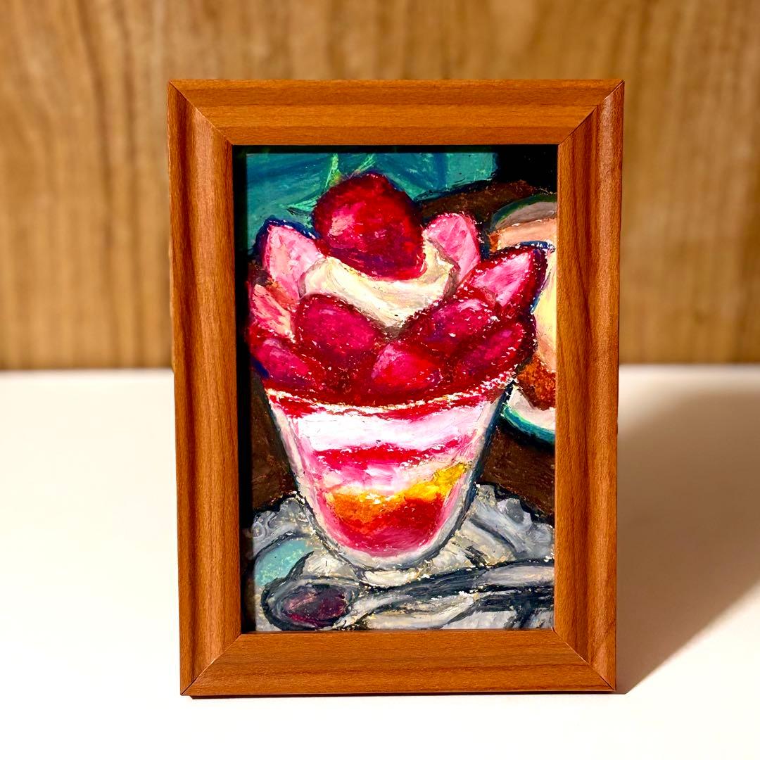 手描き いちごパフェ クレパス画 原画 絵画 一点物 アート 額縁付き