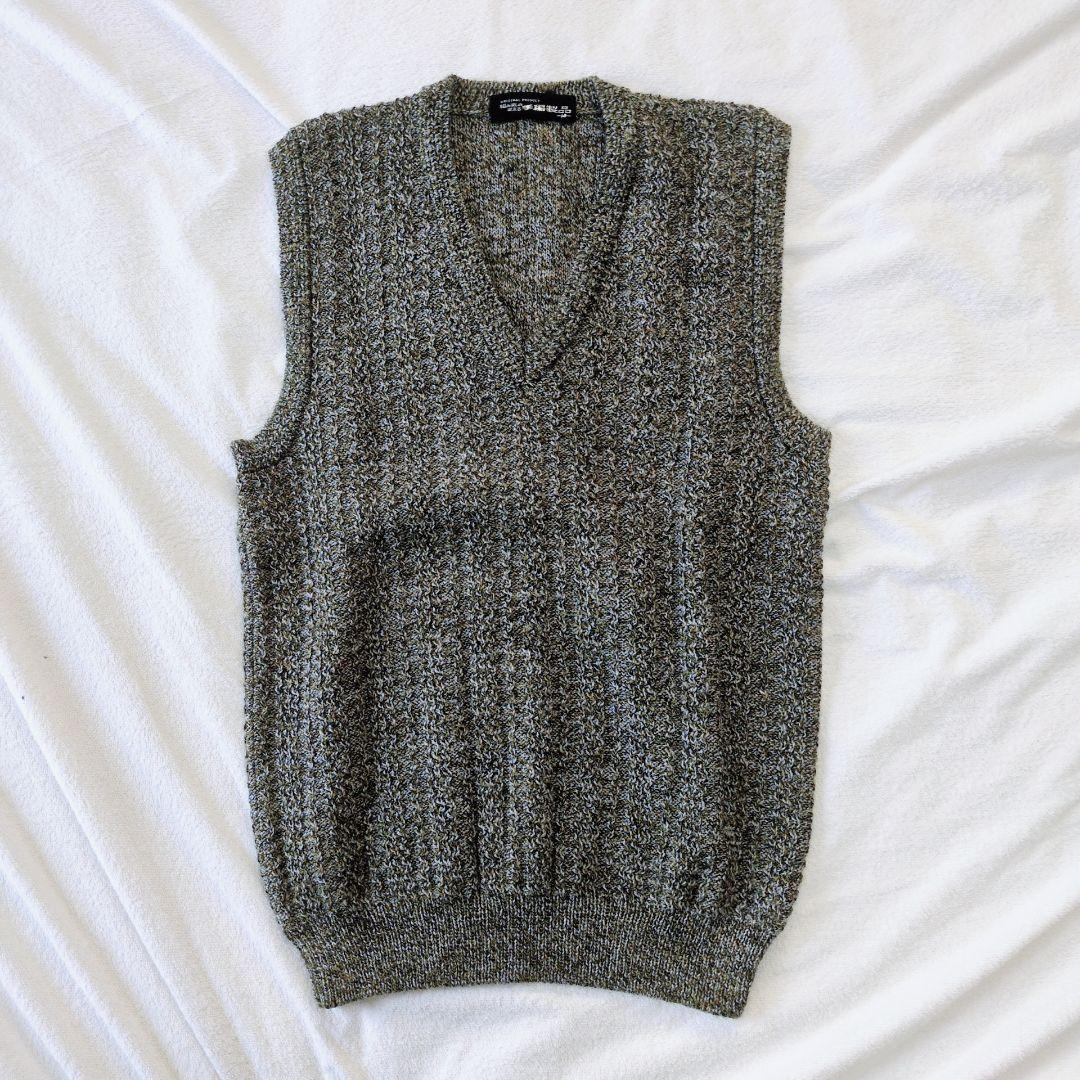【手編み】ウール混 ニットベスト M オリーブ系 ミックスカラー Vネック