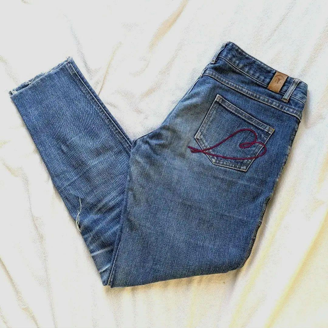 vintage ハート刺繍＆ダメージジーンズ レディース カットオフ デニム S