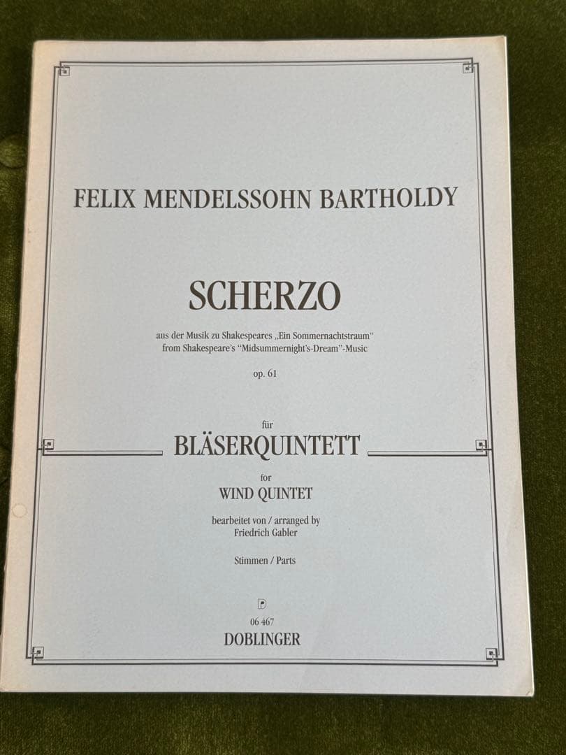 【輸入楽譜】メンデルスゾーン：スケルツォ（木管五重奏）ドブリンガー版