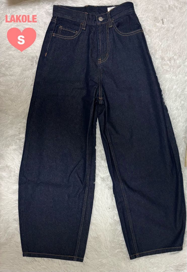 新品タグ付 ラコレ カーブデニム S ワイドパンツ 濃紺
