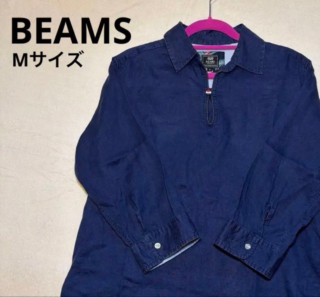 BEAMS HEART 麻 リネン プルオーバーシャツ ネイビー カプリシャツ