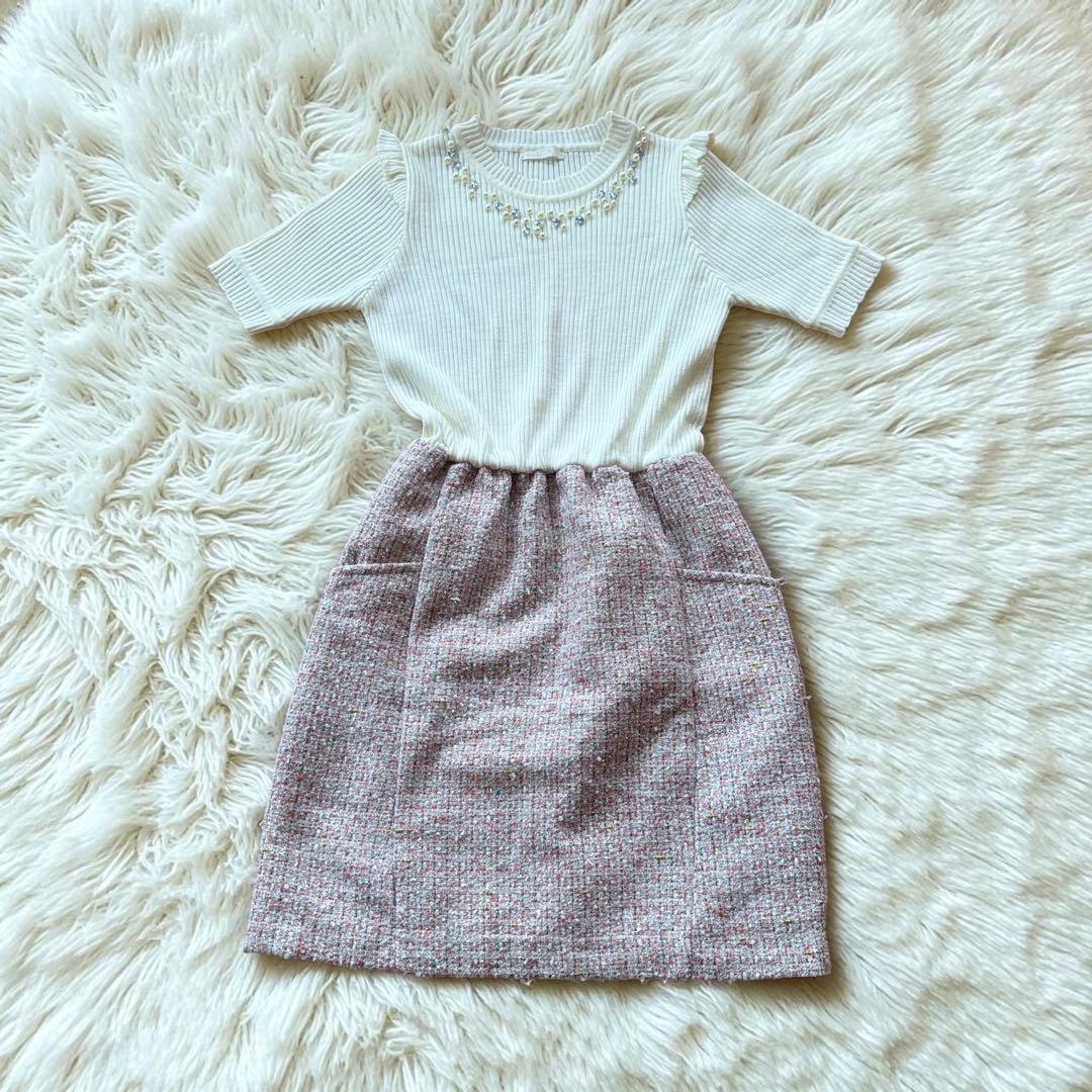 【MIIA】美品　ビジュー付半袖リブニット×ツイードスカートドッキングワンピース