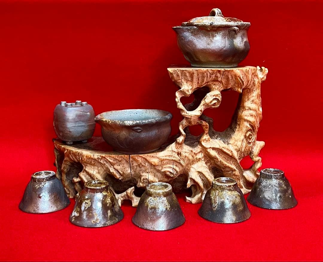 備前焼 木村春芳 煎茶器揃 宝瓶 湯冷し 泡瓶 急須 茶器 蓋置 茶道具