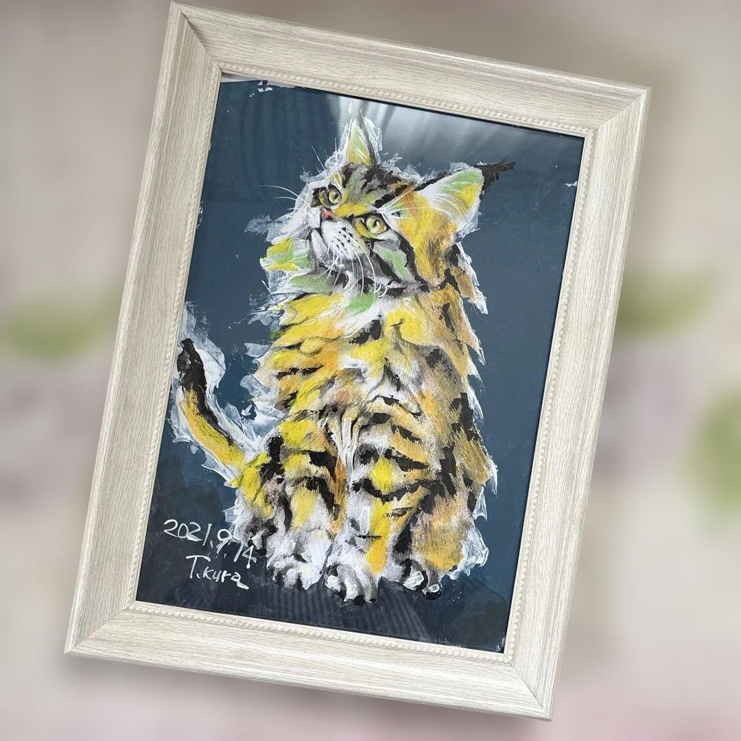 猫の絵画 アート作品 原画 額装済み