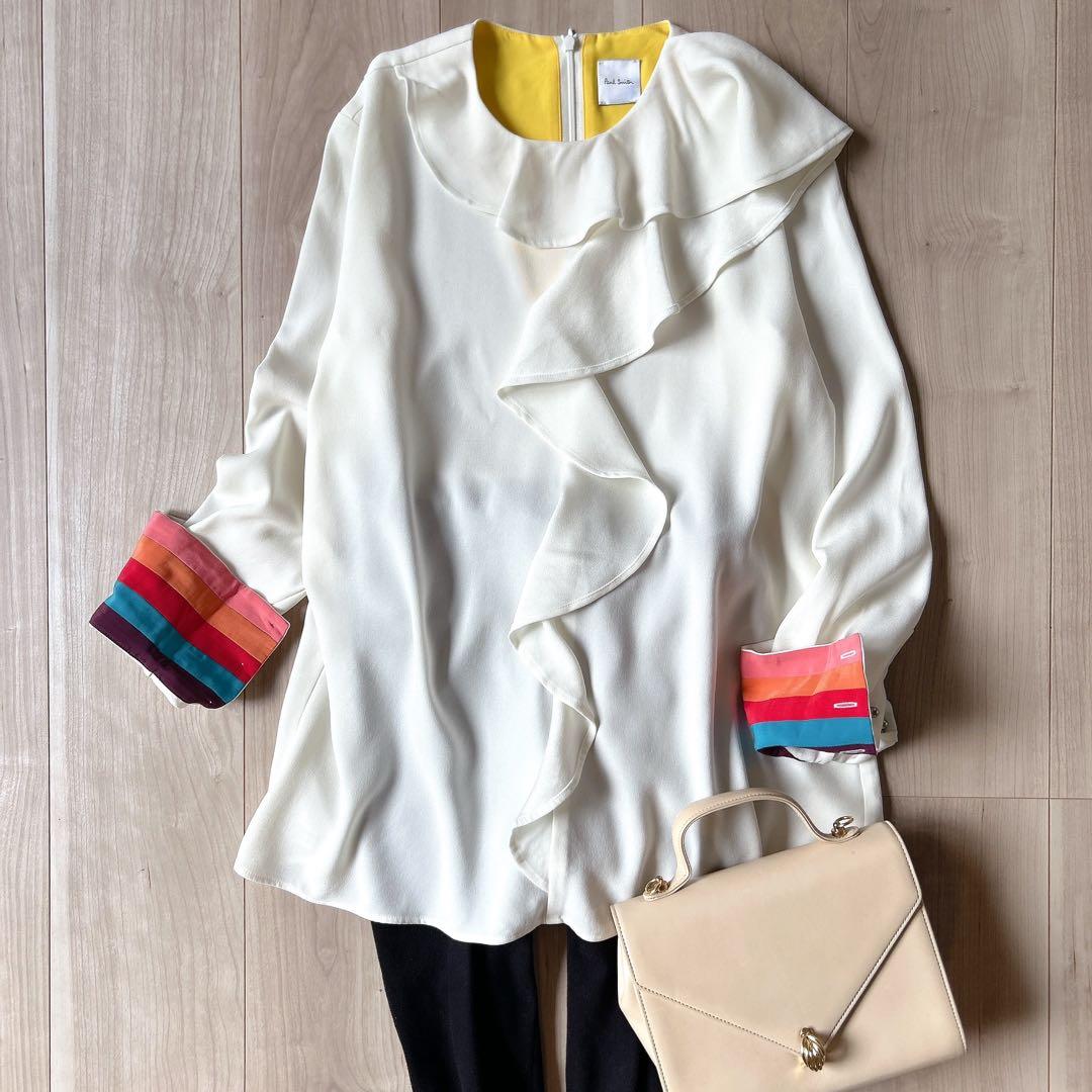 美品＊ポールスミス とろみ フリルブラウス 袖裏マルチカラー 40 アセテート