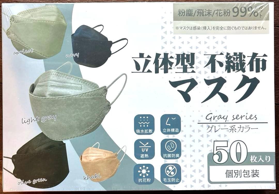 立体型 不織布マスク 50枚入り 個別包装 グレー系【新品・未開封】