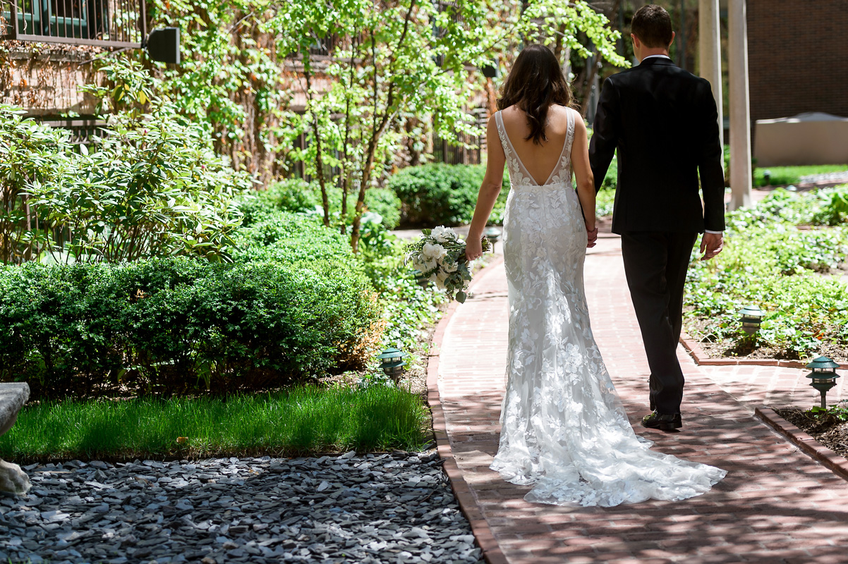 Couple walking in courtyard