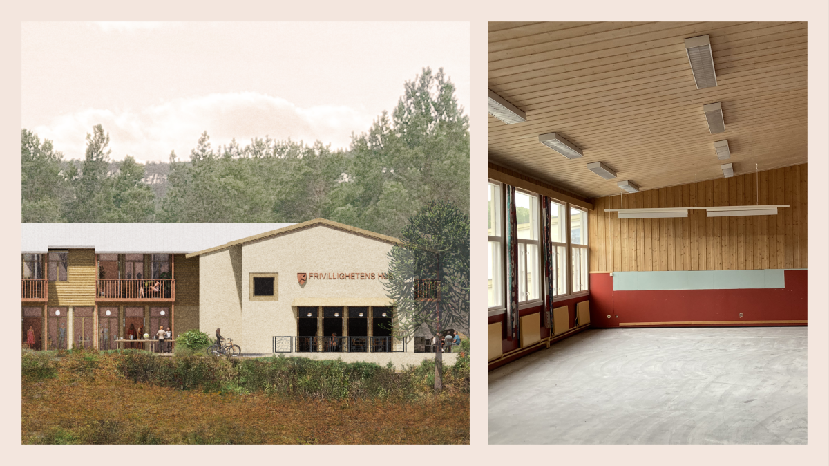 En illustrasjon av en skole transformert til boligprosjekt. Bilde av et klasserom eksisterende situasjon.