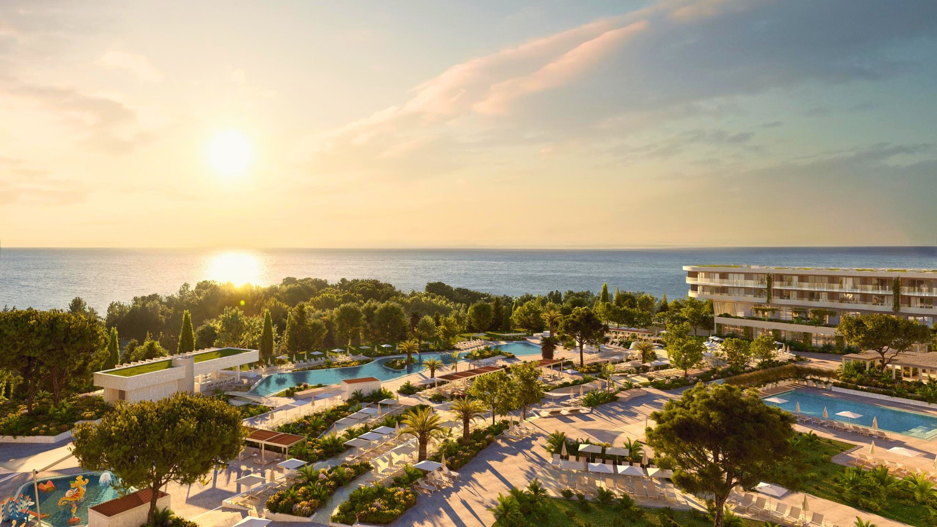 aerial view of pical resort in croatia during sunset