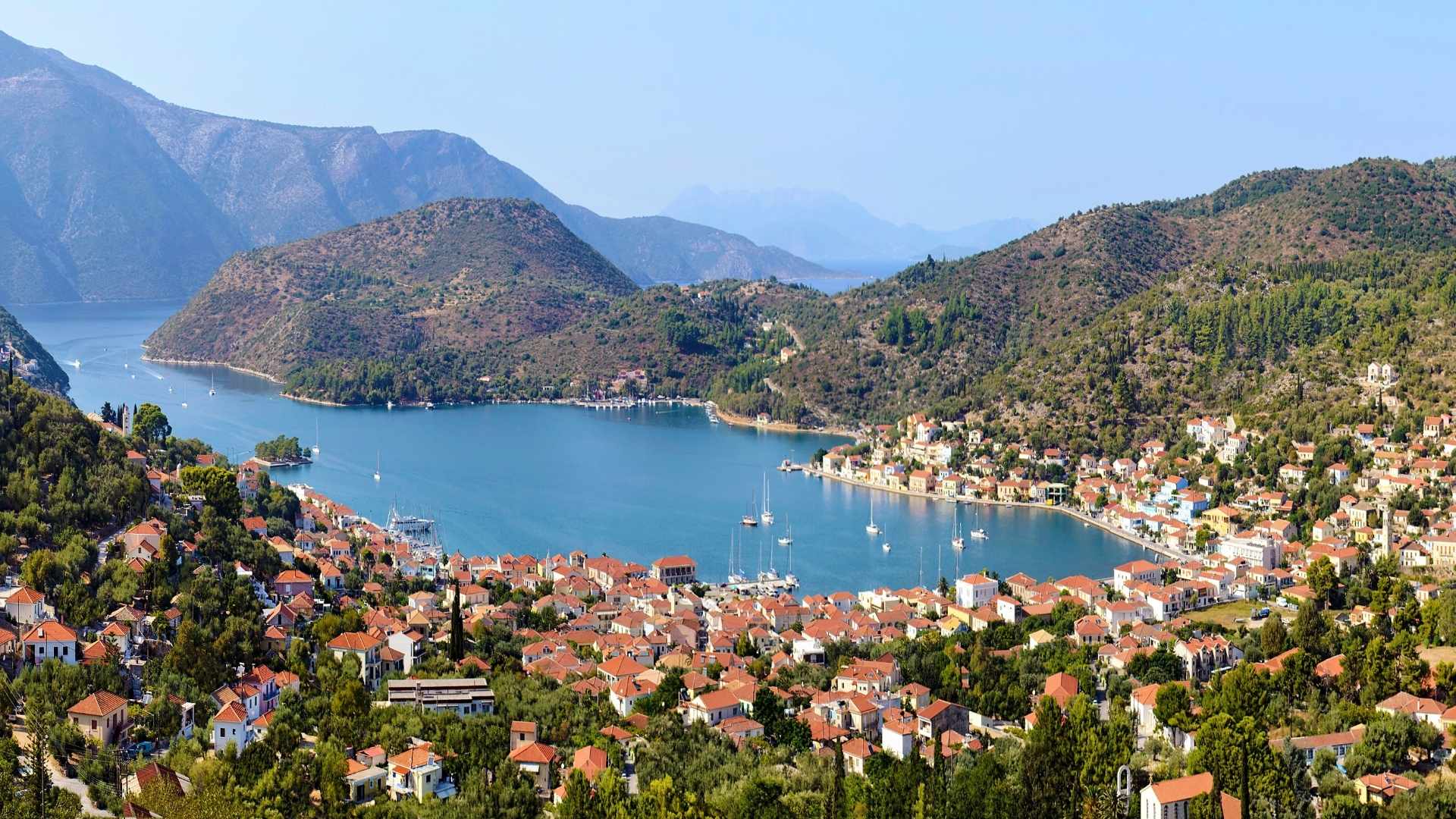 aerial view of the town and port of ithaca island greece