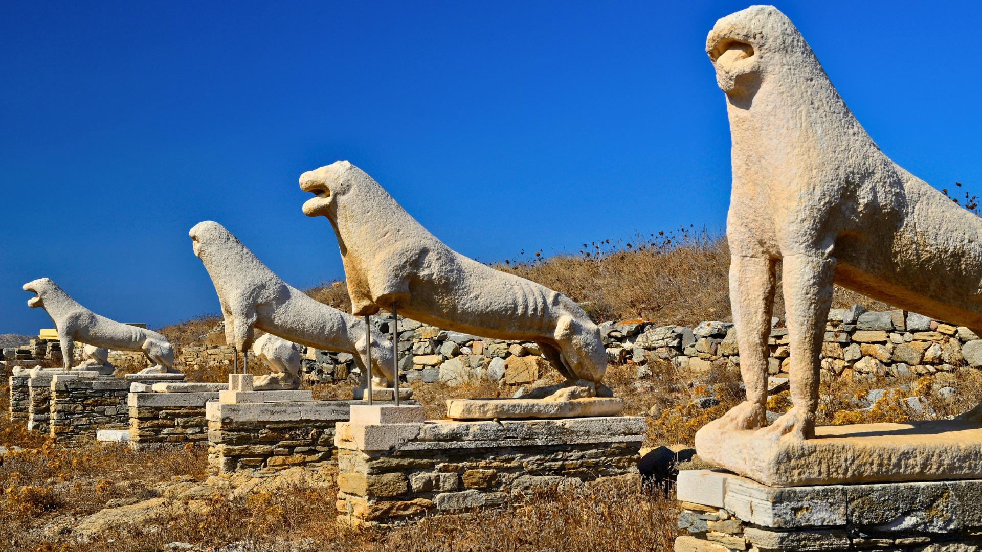 the ancient marble lions in delos cyclades