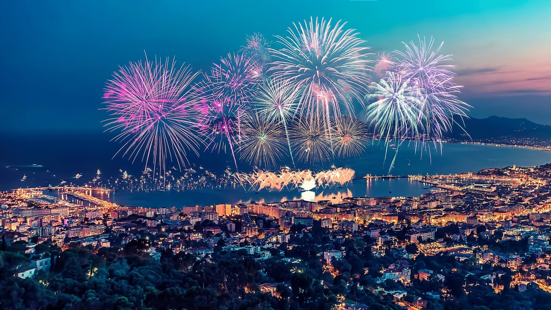 aerial view of cannes fireworks at night during the cannes film festival
