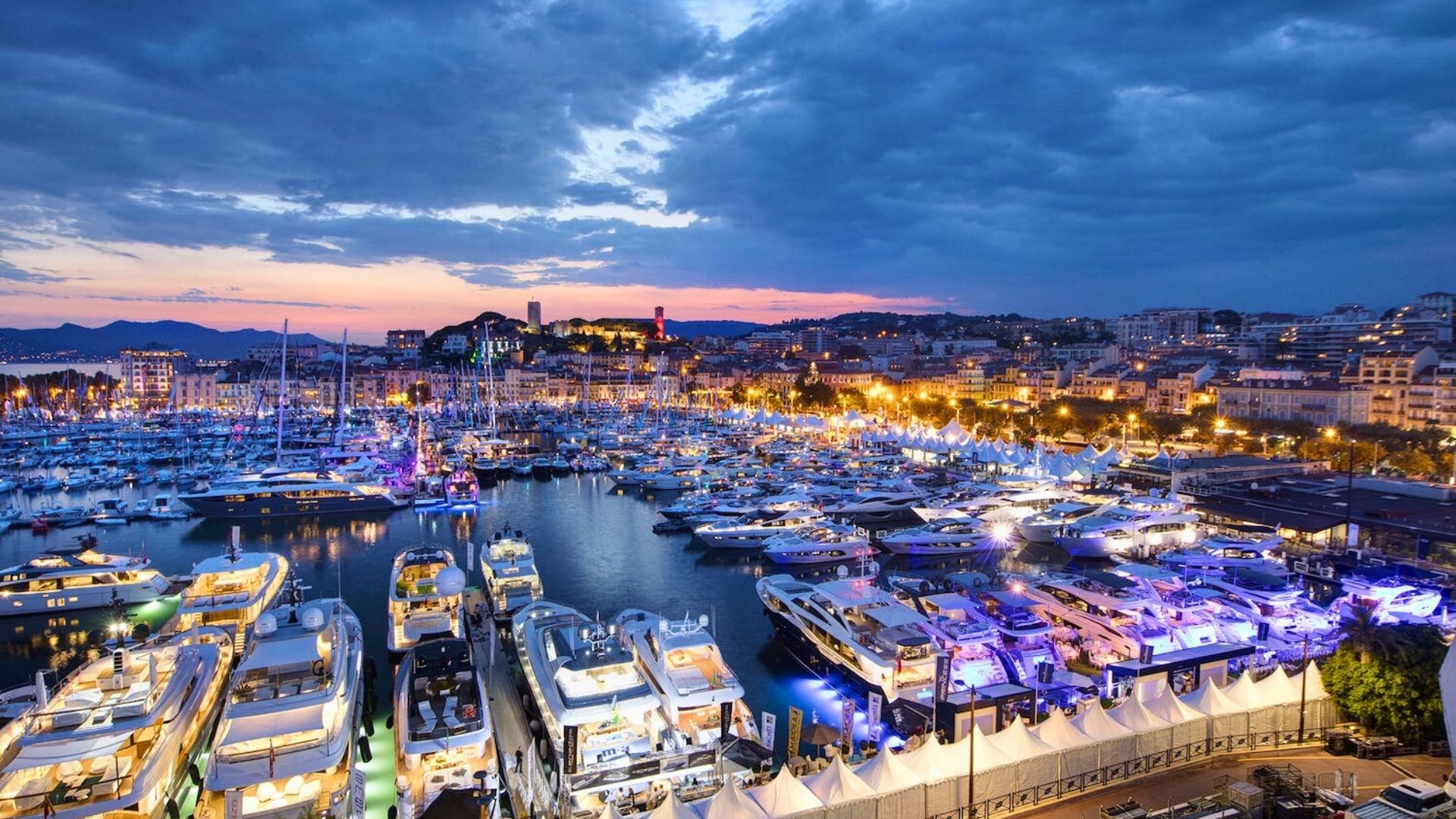 aerial view of the cannes harbor at night during the cannes yachting festivalp