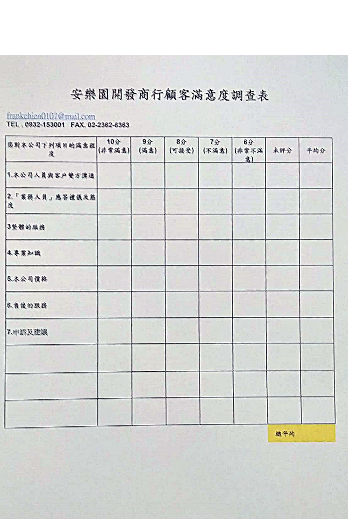 安樂園開發商行顧客滿意度調查表