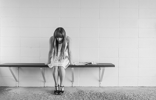 black and white woman bench