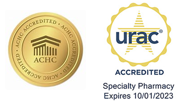 Two seals, one reads ACH Accredited and the other reads urac Accredited specialty pharmacy expires 10/01/2023