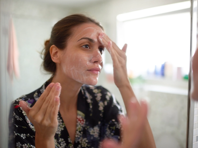 woman applying cream on her face in front of the mirror