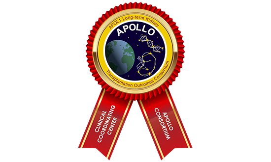 A red and yellow badge that reads clinical coordinating center, APOLLO consortium, APOL1 long-term kidney, transplantation outcomes consortium