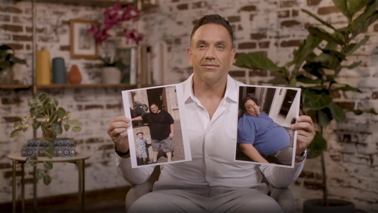 A man holding images of himself before his weight loss surgery