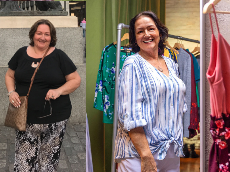 Rosa before and after his weight loss. Rosa before her bariatric surgery; she's standing and smiling for the camera as she holds onto her sunglasses with her left arm. Rosa after her surgery, she is smiling as she tries on clothes.