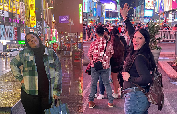A before and after image of a woman, she is standing outdoors at Times Square