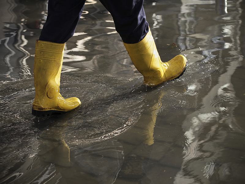 A closeup of a person wearing yellow rainboots, they're walking on an area that has water