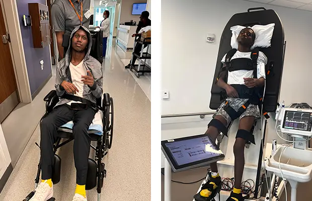 Left image, a young man sits in a wheelchair inside a hospital hallway, wearing a hoodie and sweatpants, making a peace sign with his fingers. Right image, a patient lies strapped into a tilt-table therapy machine with monitoring equipment, working on rehabilitation exercises.