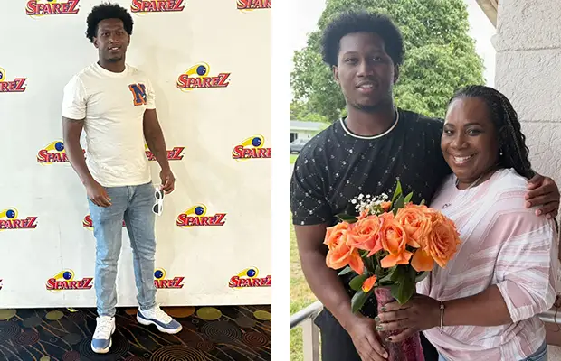 Left image a young man stands against a branded backdrop at SpareZ bowling alley, wearing a white T-shirt, ripped jeans, and sneakers, holding his phone in one hand. Right image, a young man stands outside with his arm around a smiling woman holding a bouquet of orange roses.