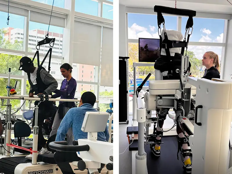 Left image, a young man wearing a harness and assisted by therapists participates in physical rehabilitation on a treadmill inside a bright therapy center. Right image, a person in a robotic rehabilitation device, supported by a harness, is assisted by a therapist in a modern rehab facility.