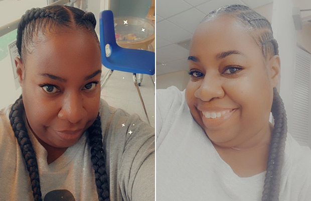 Two selfies of the same woman, on the left she looks at the camera, on the right she smiles at the camera