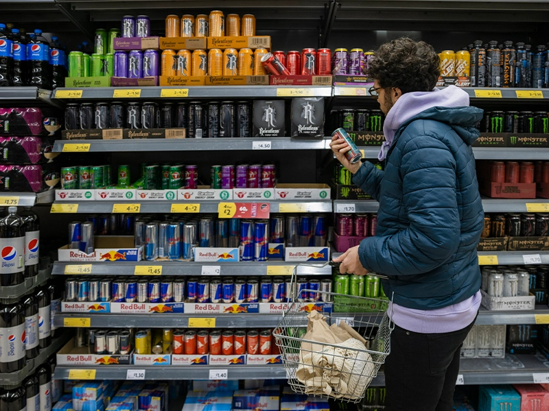 Person choosing a drink from the refrigerator in a supermarket