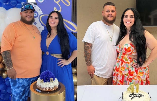 two photos showing the before and after of a man who suffered from obesity