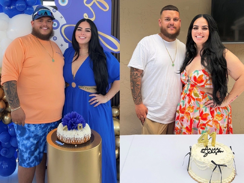 two photos showing the before and after of a man who suffered from obesity