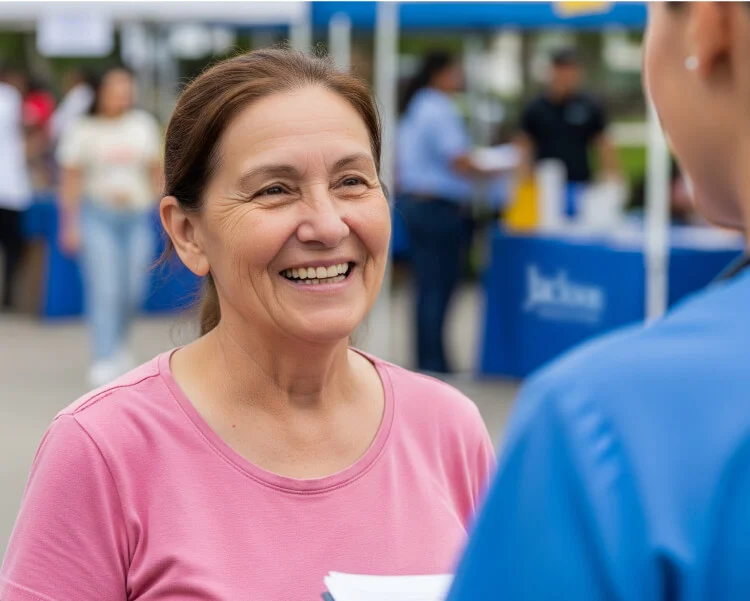 A woman wearing a pink shirt outdoors at a community event