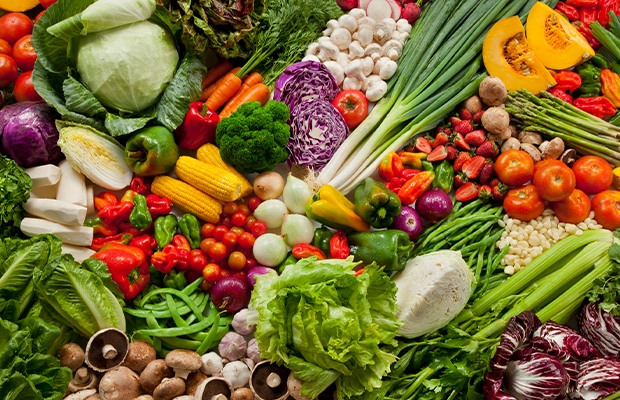 Photograph of a table full of vegetables such as onions, peppers, carrots, cucumbers, lettuce, mushrooms, and tomatoes, among others.