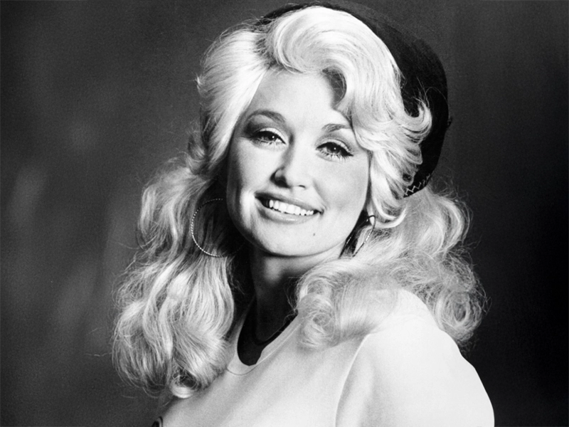 Black-and-white photograph of Dolly Parton