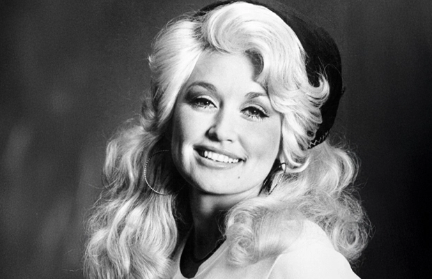 Black-and-white photograph of Dolly Parton