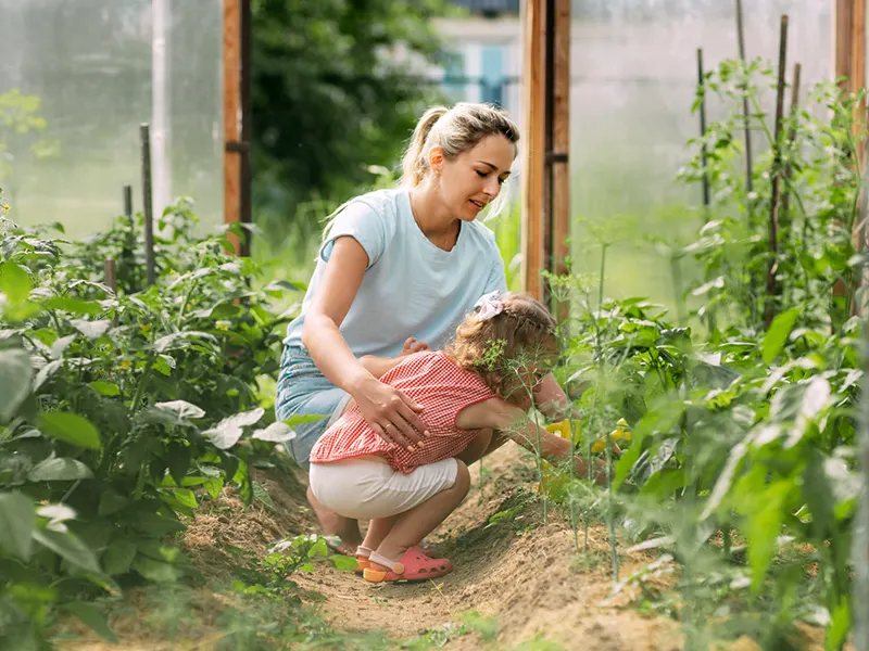 Girl and Mom Planting