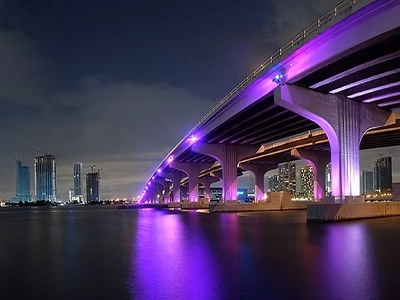 bridge lit up in purple at night