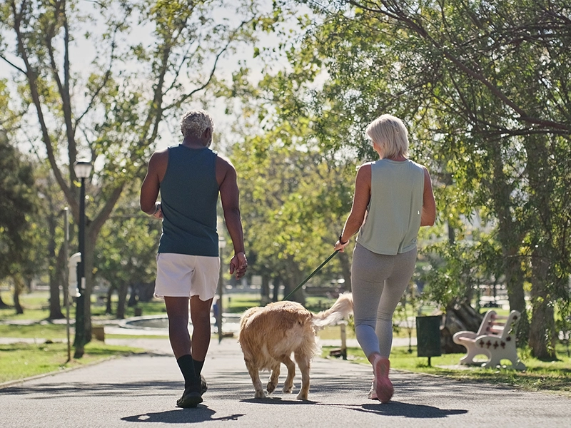 Two elderly adults walking in the park with their pet