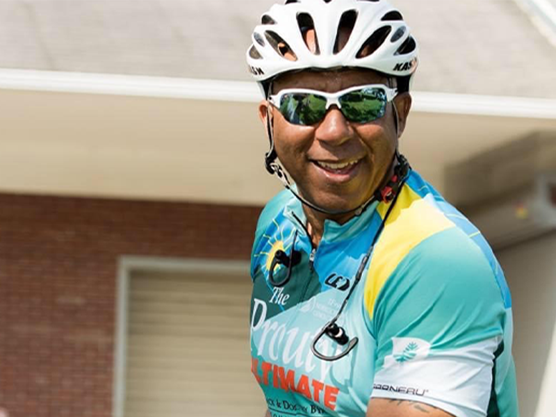 Close-up of man in cyclist outfit
