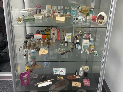 showcase with samples of natural products